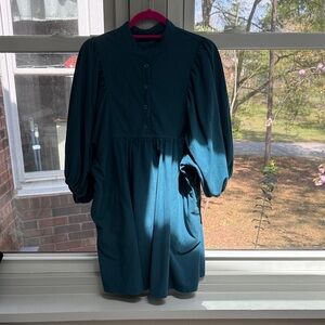 Teal Corduroy Snap-Front Puff-Sleeve Women's Peasant Babydoll Dress - Sz L